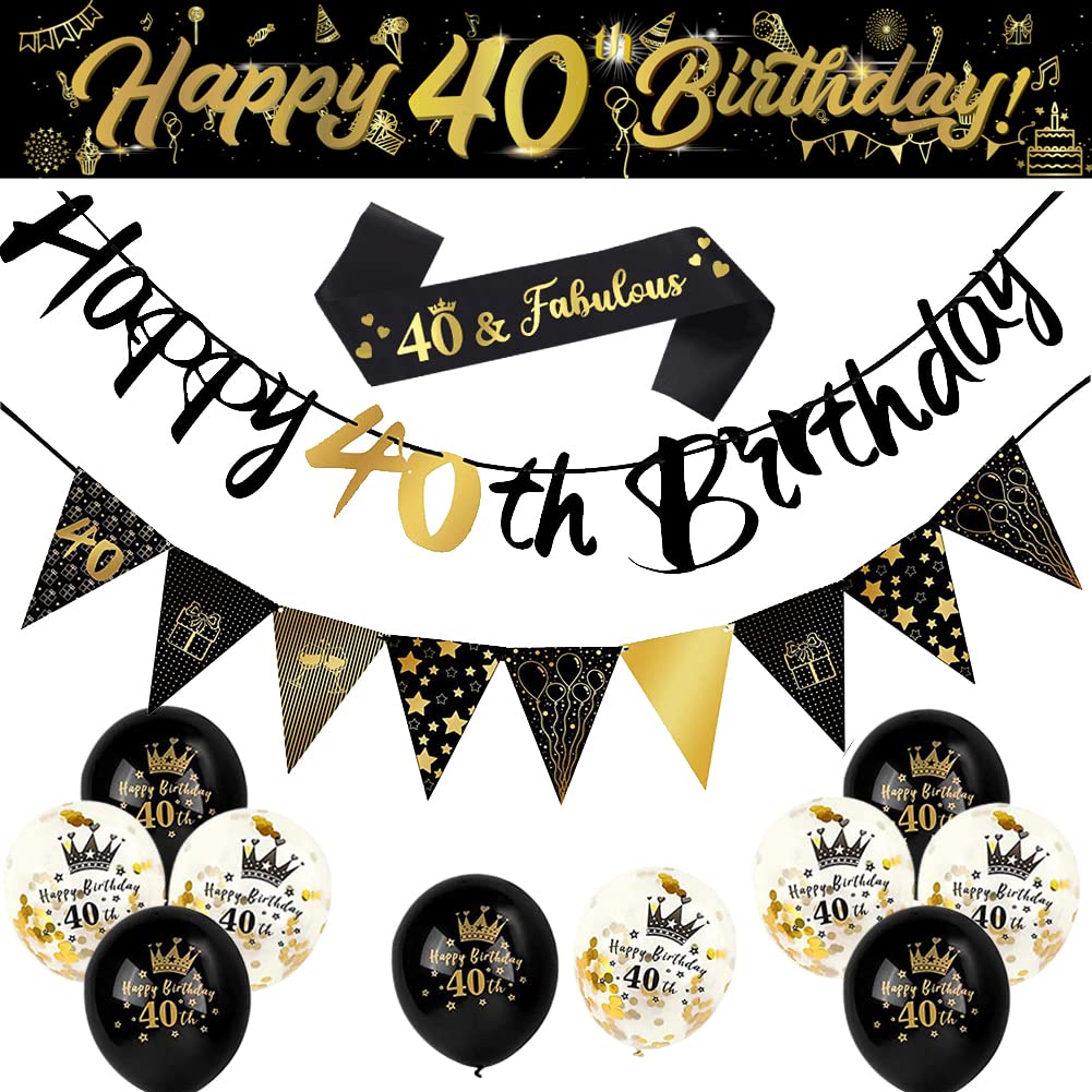 14 Pieces 40th Happy Birthday Decorations Kit, Birthday Party Decoration Including Party Supplies Birthday Straps 9ft Banner Triangle Flags Confetti Latex Balloons