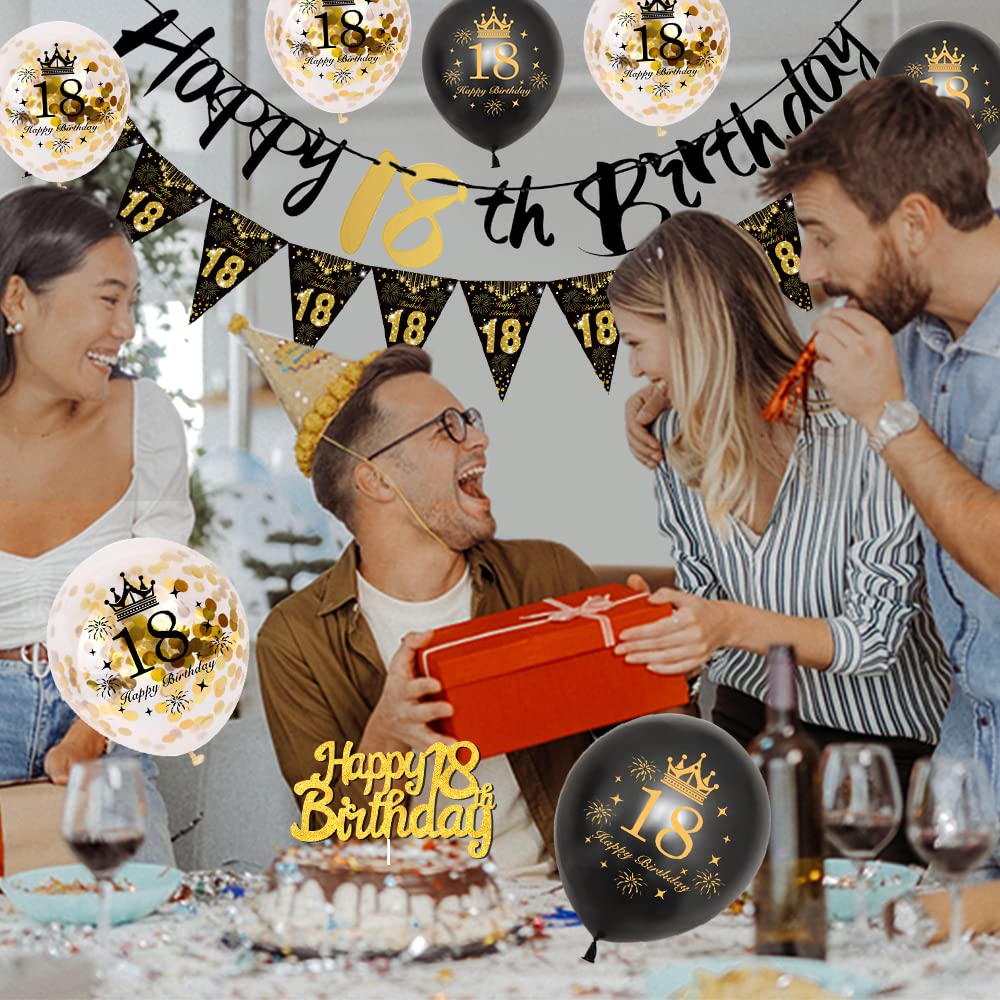 18th Birthday Decoration, 18 Party Decoration Black Gold Balloons Birthday, 18th Birthday Women Men 18th Happy Birthday Banner Triangle 18 Balloon Decoration for Woman Birthday Party Cake Topper