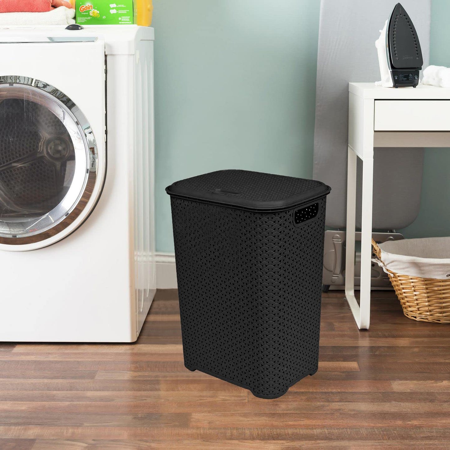 (Set of 2) 65L Litre Laundry Basket with Flip Lid Knit Design Plastic Hamper Washing Baskets Freestanding Sturdy Tall Laundry Sorter Bin Storage Basket Linen Clothes Laundry Hamper Box (Black) Black