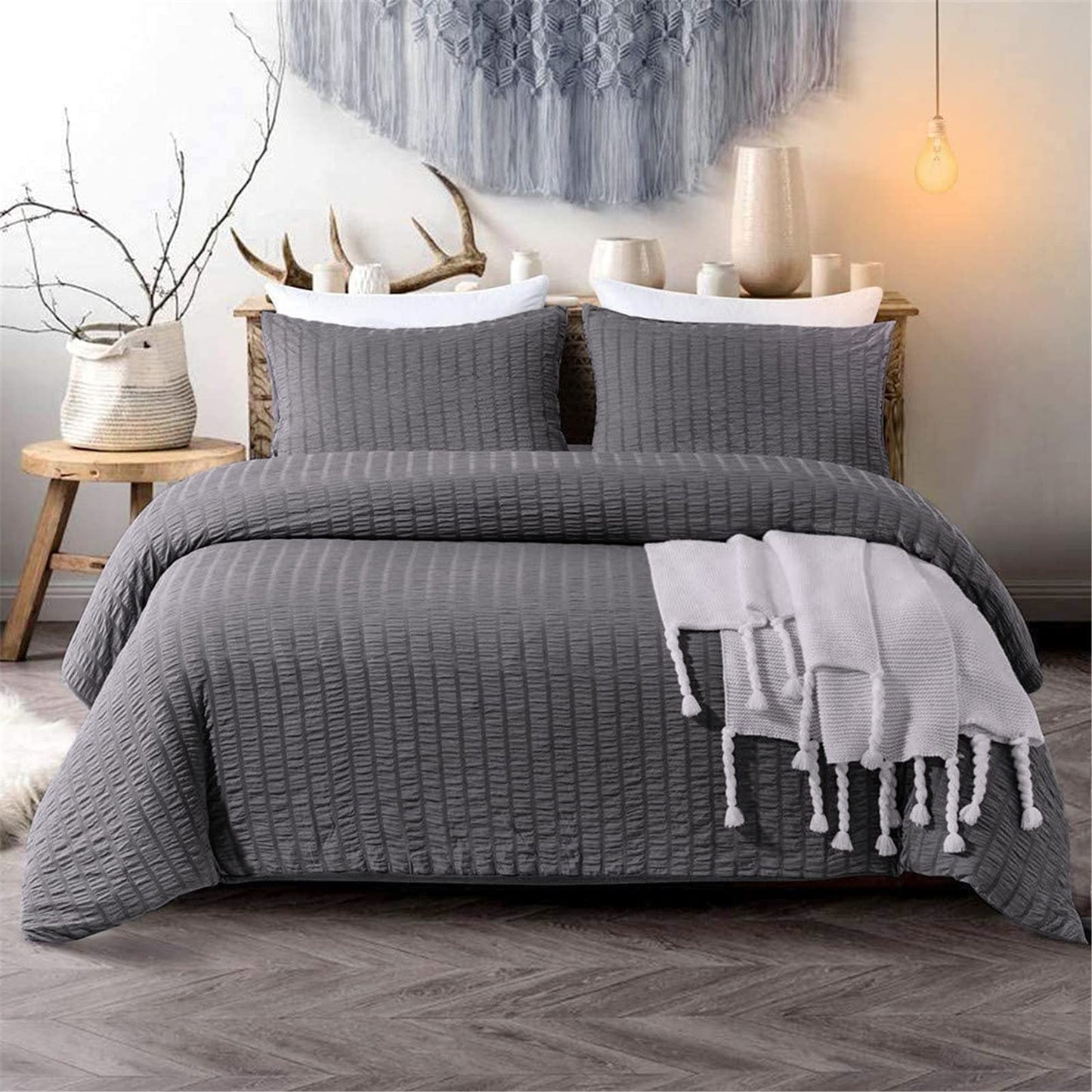 3 Pcs Dark Grey Seersucker Duvet Cover Sets with Pillow Case Seersucker Bedding Set with Zipper Closure Soft Microfibre Puckering Bedding Set King Size 220 x 230 cm King Size 220x230cm Dark Gray