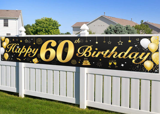 60th Birthday Party Decorations Banner for Men and Women,Essential Decoration for 60th Birthday Party,Long Size Black and Gold 60th Birthday Banner 210×40 cm(82.7×15.7inch)