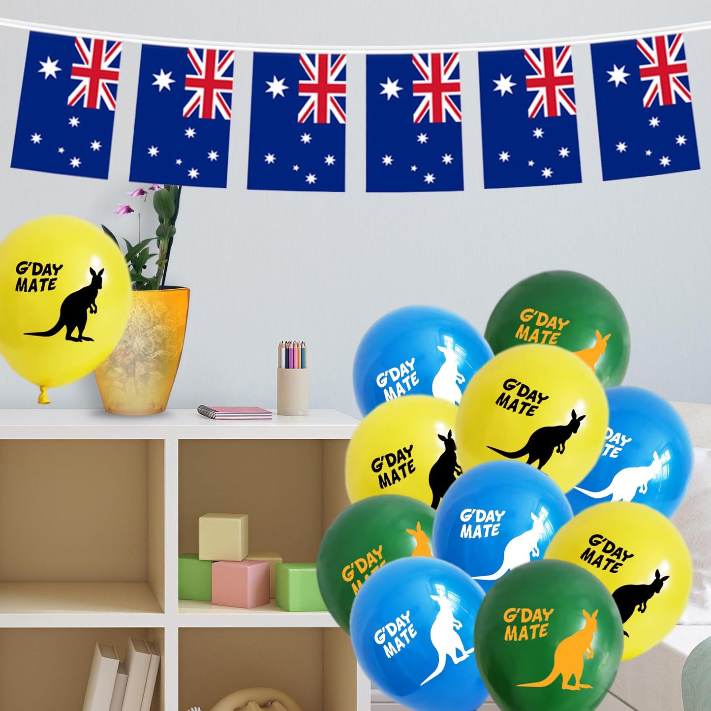 5M Australian Flag Bunting Banner by 20 Pcs Small Australian Flags,18Pcs Kangaroo Balloons Australia Day Balloons and Silvery Grey Ribbons for Australian Party Decorations,Baby Shower Birthday Party