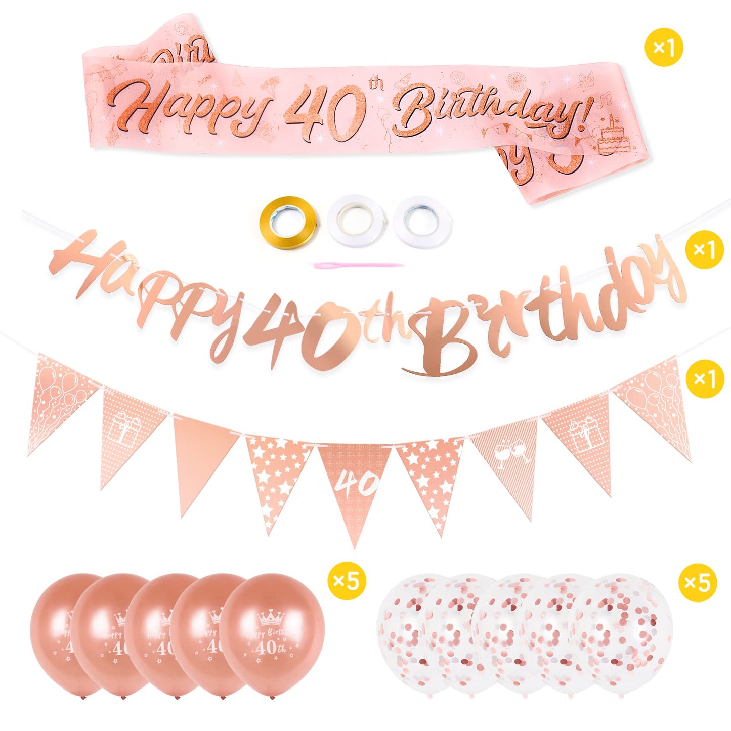 40th Birthday Decoration Kit Rose Gold Happy 40th Birthday Banner Triangle Flag Confetti Balloons Birthday Party Decorations Supplies Age 40