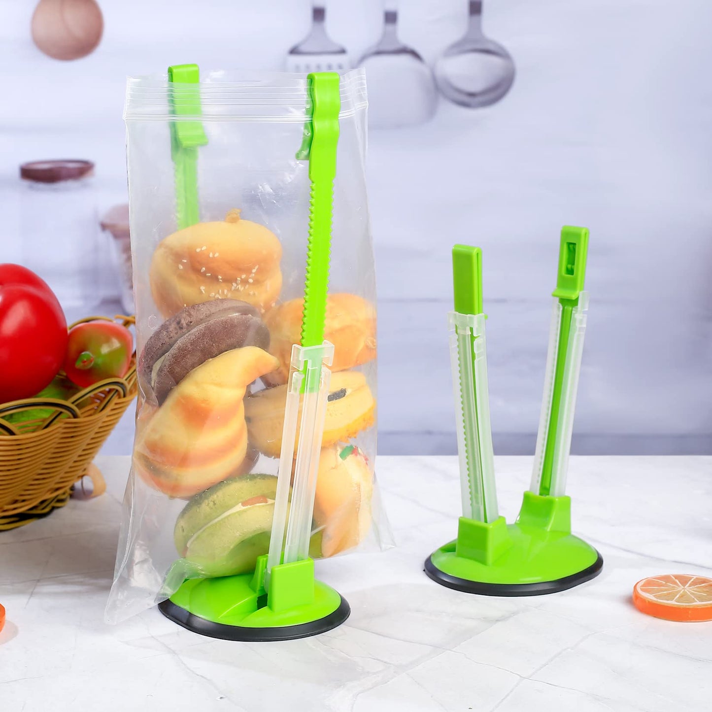 2 Pcs Baggy Racks, Adjustable Sandwich Bag Stand Holders, Food Storage Bags Clips Stands, Plastic Reusable Freezer Bag Racks Holders, Food Prep Bag Holders Stands - Green (2)