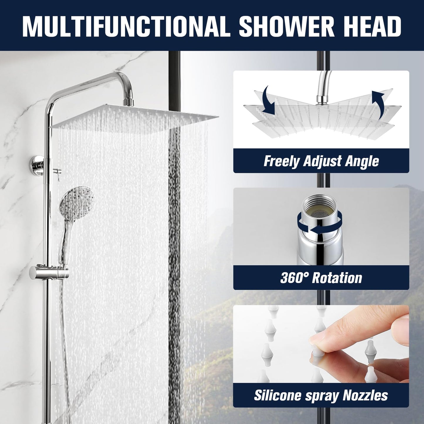 12inch Square Shower Hear, Large Rain Shower Head 304 Stainless Steel Bathroom Shower Head Waterfall Rainfall Showerhead (12inch Square) 12inch