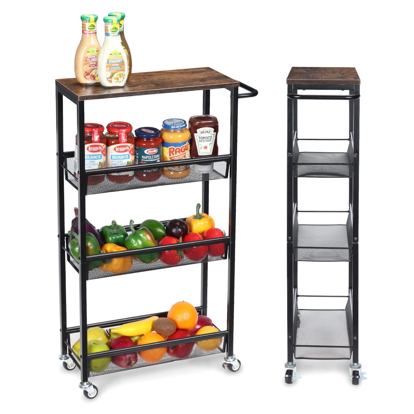 4-Tier Storage Trolley Cart, Slim Storage Trolley, Narrow Storage Unit, Rolling Cart Storage Organizer on Wheels, Mesh Basket Shelf with Handles for Office Bathroom Kitchen Laundry Room