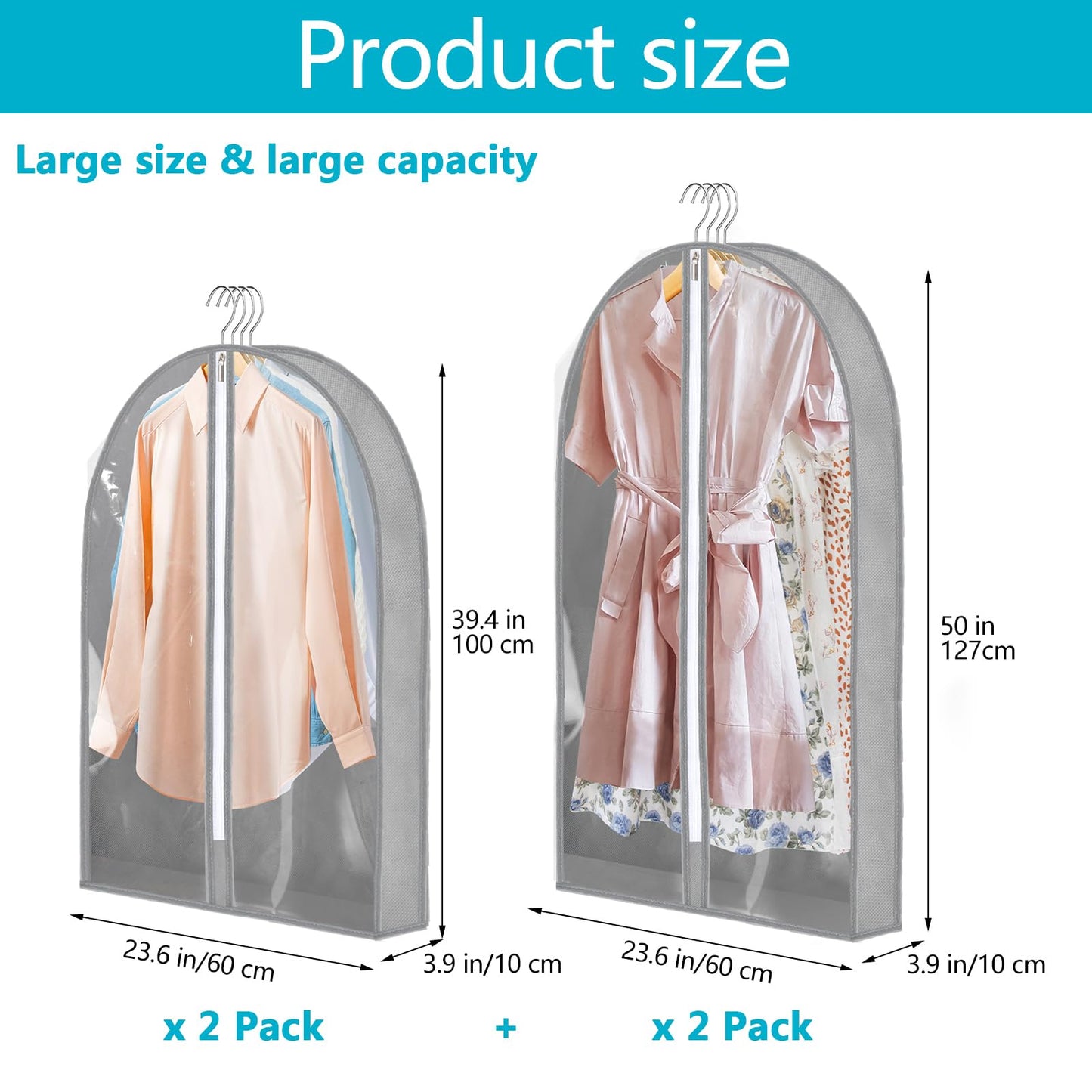 4 Pcs Garment Bags(60×100/127cm), Transparent Clothes Covers Protector Bags with Zip Clothes Covers Suit Covers Clothes Storage Clothes Bags for All Garments