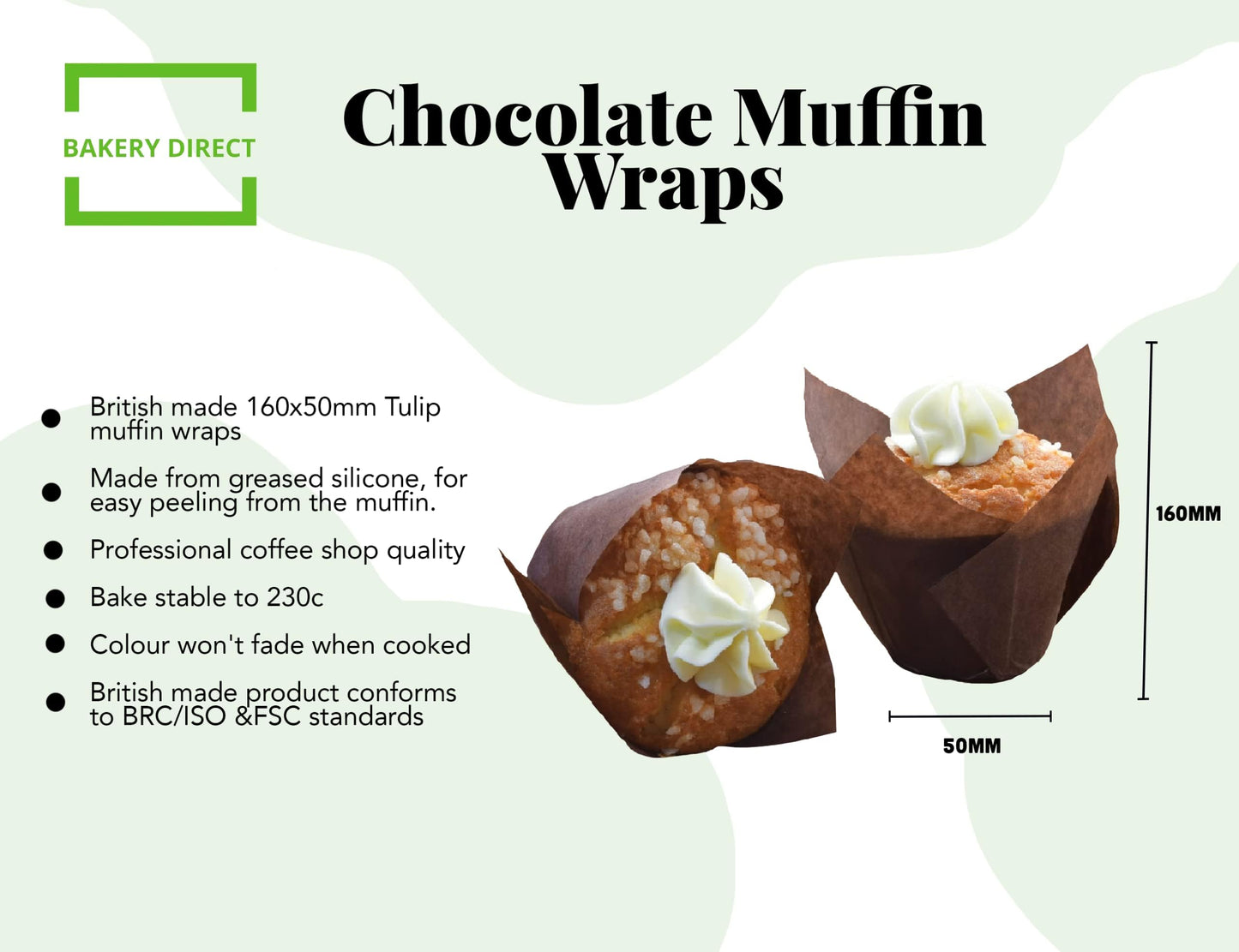 50 Bakery Direct Chocolate Brown Tulip Muffin Wraps Cases Premium Recyclable Paper