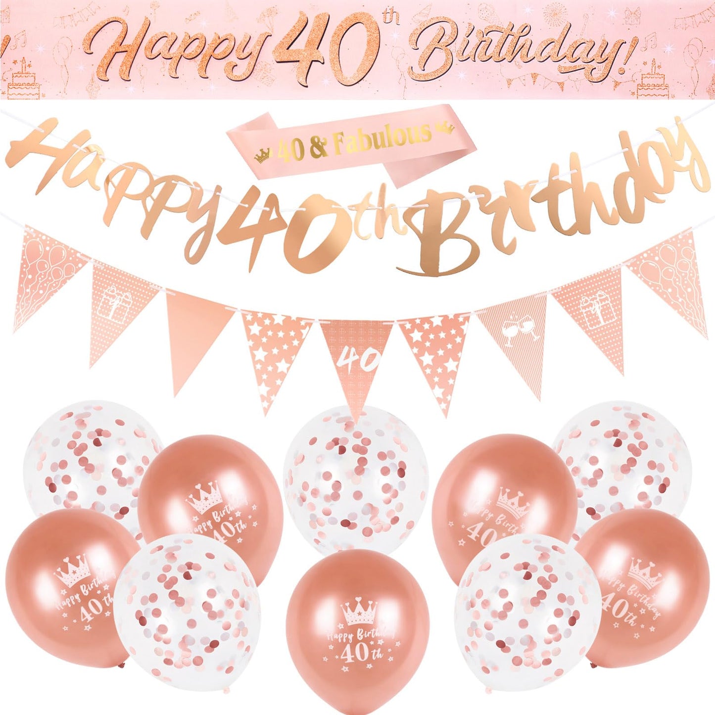 40th Birthday Decoration Kit Rose Gold Happy 40th Birthday Banner Triangle Flag Confetti Balloons Birthday Party Decorations Supplies Age 40