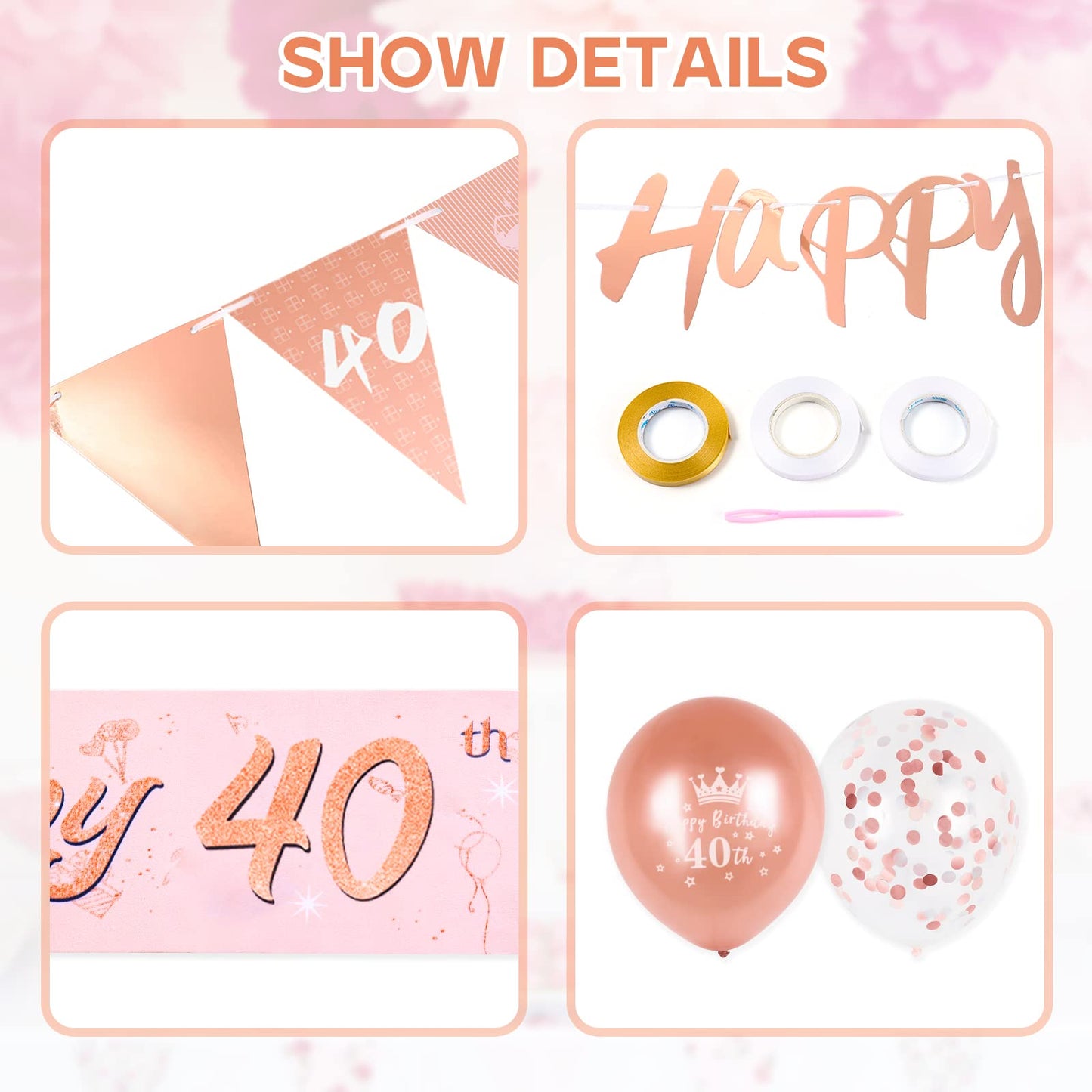 40th Birthday Decoration Kit Rose Gold Happy 40th Birthday Banner Triangle Flag Confetti Balloons Birthday Party Decorations Supplies Age 40