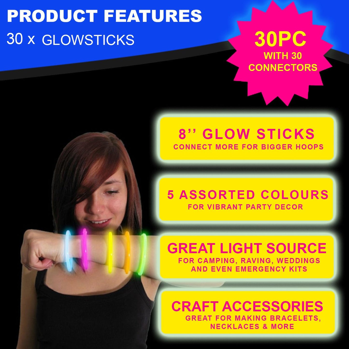 30 Piece Set of Glow Sticks - Assorted Brightly Coloured Party Sticks for Adults and Children, Neon UV Accessories, 20.3cm / 8", Glow in the Dark Lights, Party Games (30 Pieces, 8'' Glow Sticks) 30 Pieces, 8'' Glow Sticks