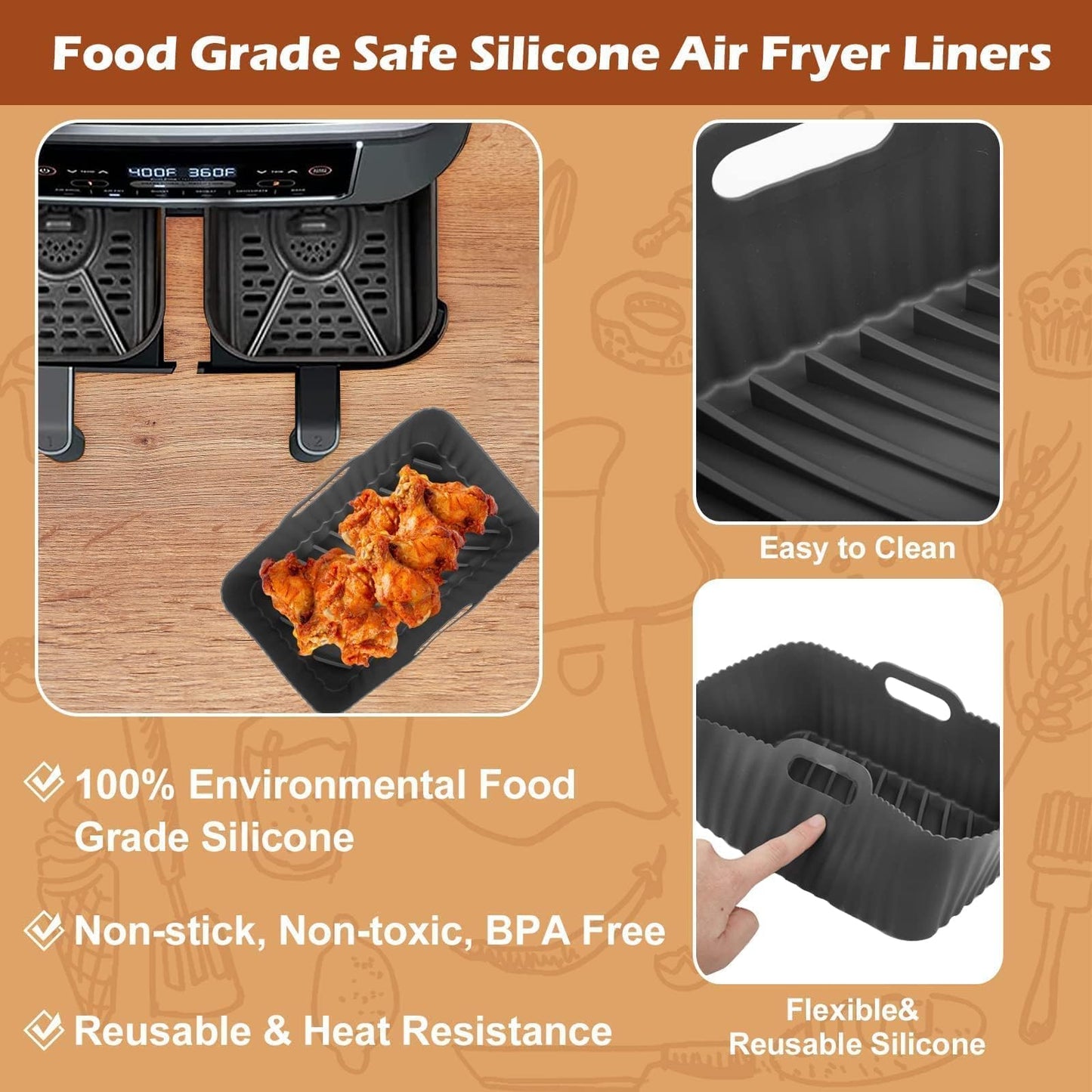 2-Pack Reusable Silicone Air Fryer Liners for Ninja Dual Air Fryer, Heat Resistant Air Fryer Accessories for Ninja Foodi AF300UK AF400UK, Tower T17088 Vortx. Ideal for Air Fryer, Oven, Microwave