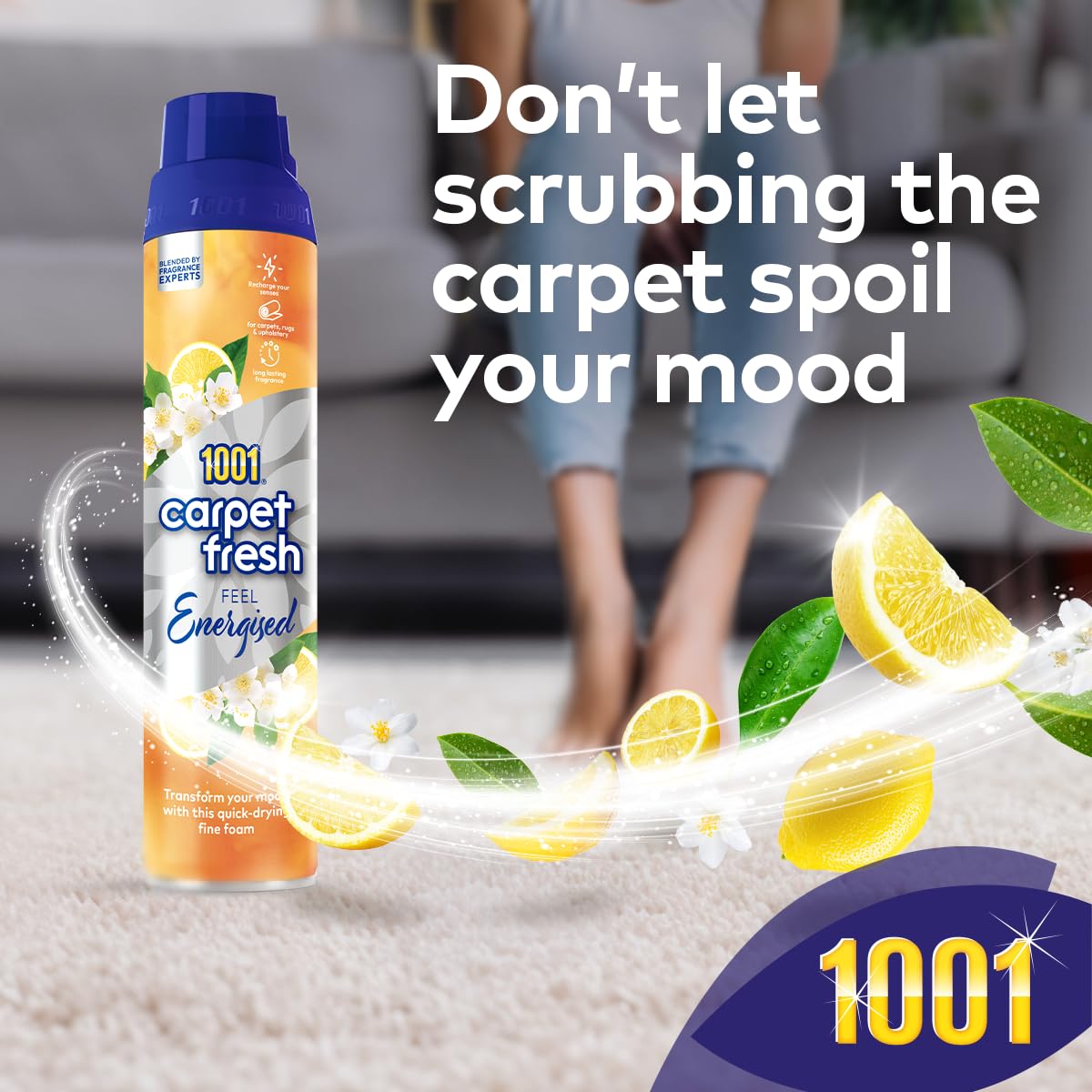 1001 Carpet Fresh Feel Energized 300ml Can - Invigorating Lemon Scent for Long-Lasting Freshness and Stress-Reducing Odor Elimination, Quick Drying, No Need to Hoover NEW MOOD ENERGISED 300 ml (Pack of 1)