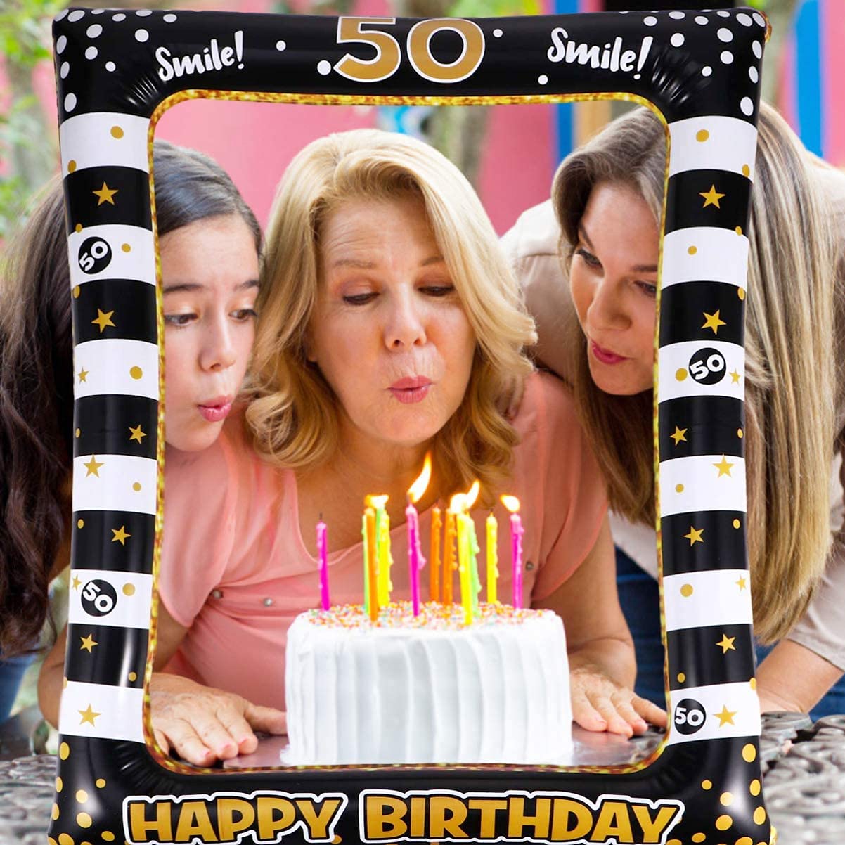 50th Birthday Photo Booth Frame, 50th Inflatable Selfie Frame and 24 Pcs 50th Birthday Photo Booth Props Black Gold Party Supplies Fun 50th Props for Ladies Men 50th Birthday Party Decorations