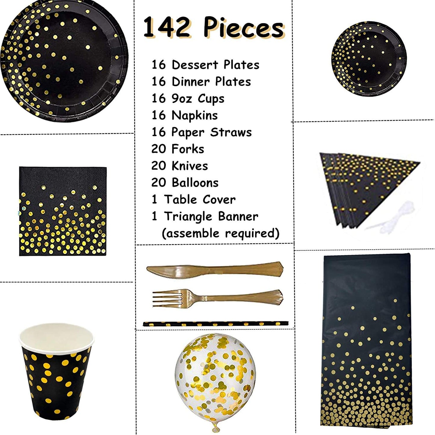 142 Pieces Black and Gold Party Supplies Set, Golden Dot Party Dinnerware, Include Black Paper Plates Napkins Cups, Gold Forks Knives for Graduation, Birthday, Cocktail Party Black /Gold