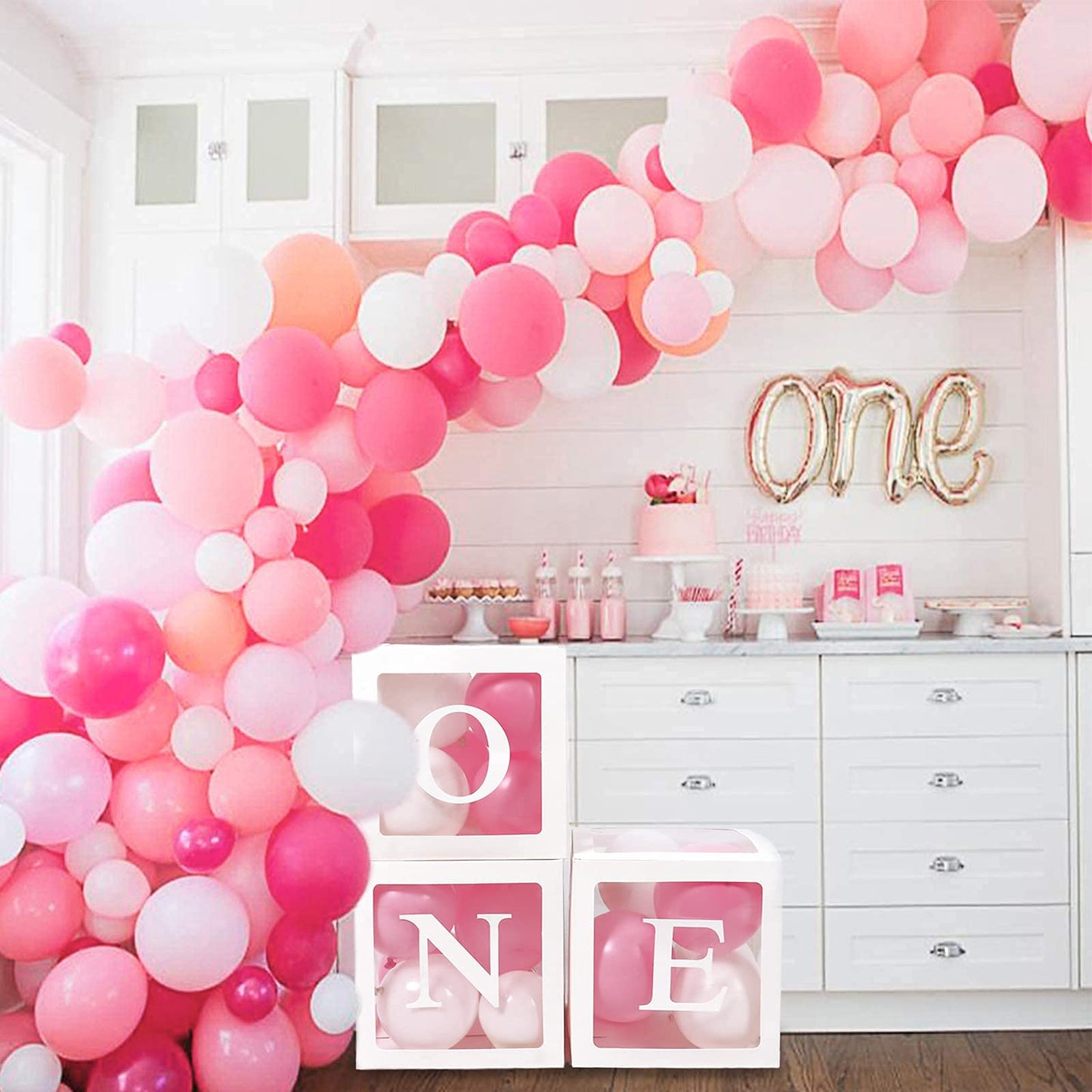 1st Birthday Decorations for Girls, One Balloon Boxes for 1st Birthday, 3Pcs Balloon Boxes with 24 Balloons and ONE Letters, Girl First Birthday Decorations, 1 One Year Old Birthday Party Supplies Pink