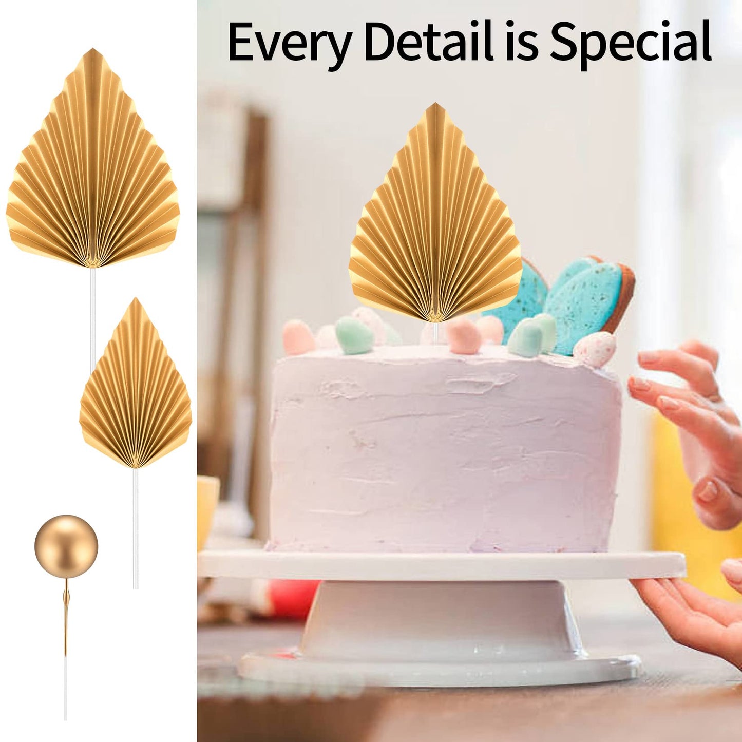 28 Pcs Gold Cake Topper Decorations(8 x Paper Palm Fan Cake Decorations, 20 x Round Ball Cake Insert Decoration), Palm Leaf Cake Toppers, Cupcake Decorations for Birthday Party Wedding Decor