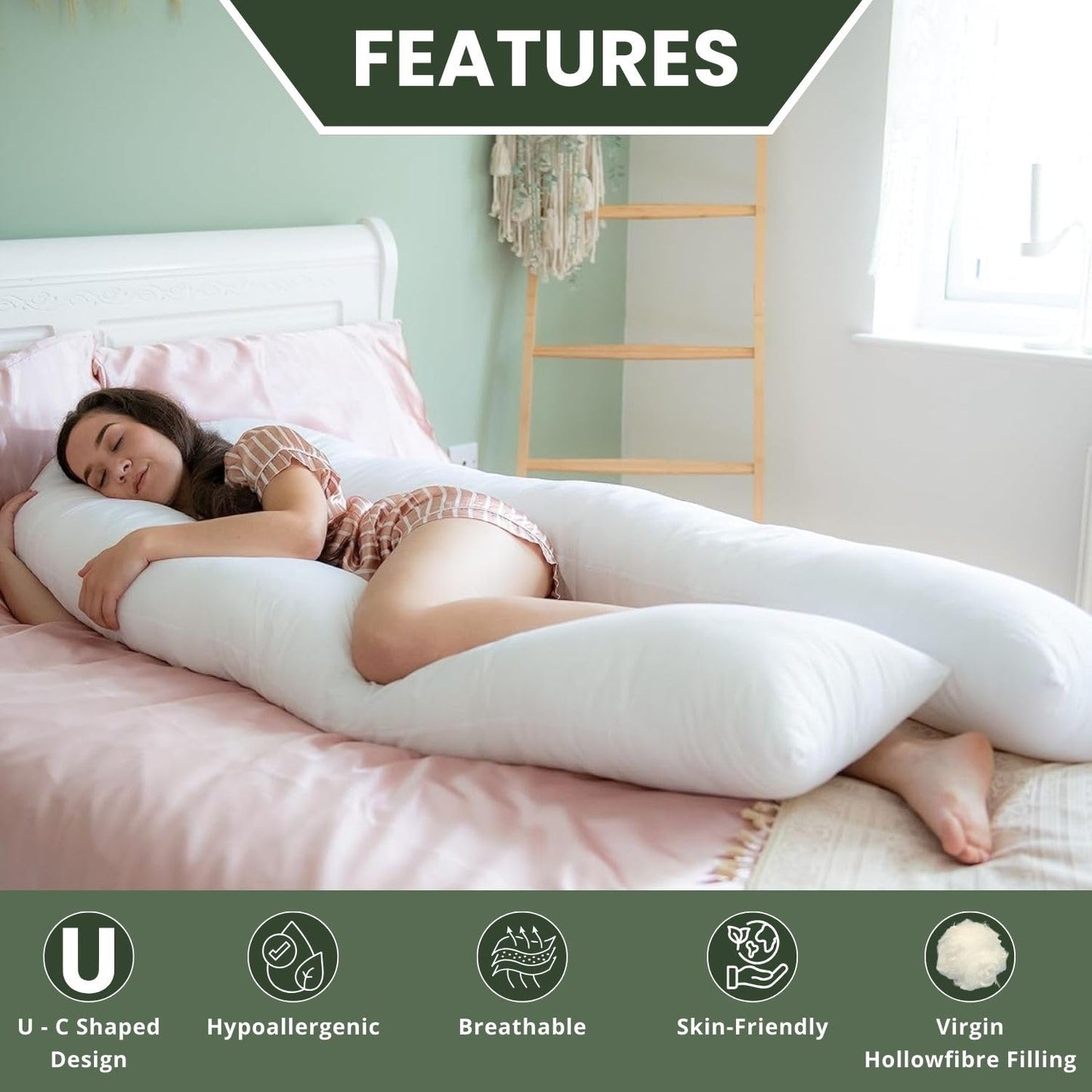 12Ft U Shaped Body Pillow | Full Body C Shaped Maternity Support Pregnancy Pillow for Side Sleepers & Back Pain Relief | 100% Hollowfibre Filling