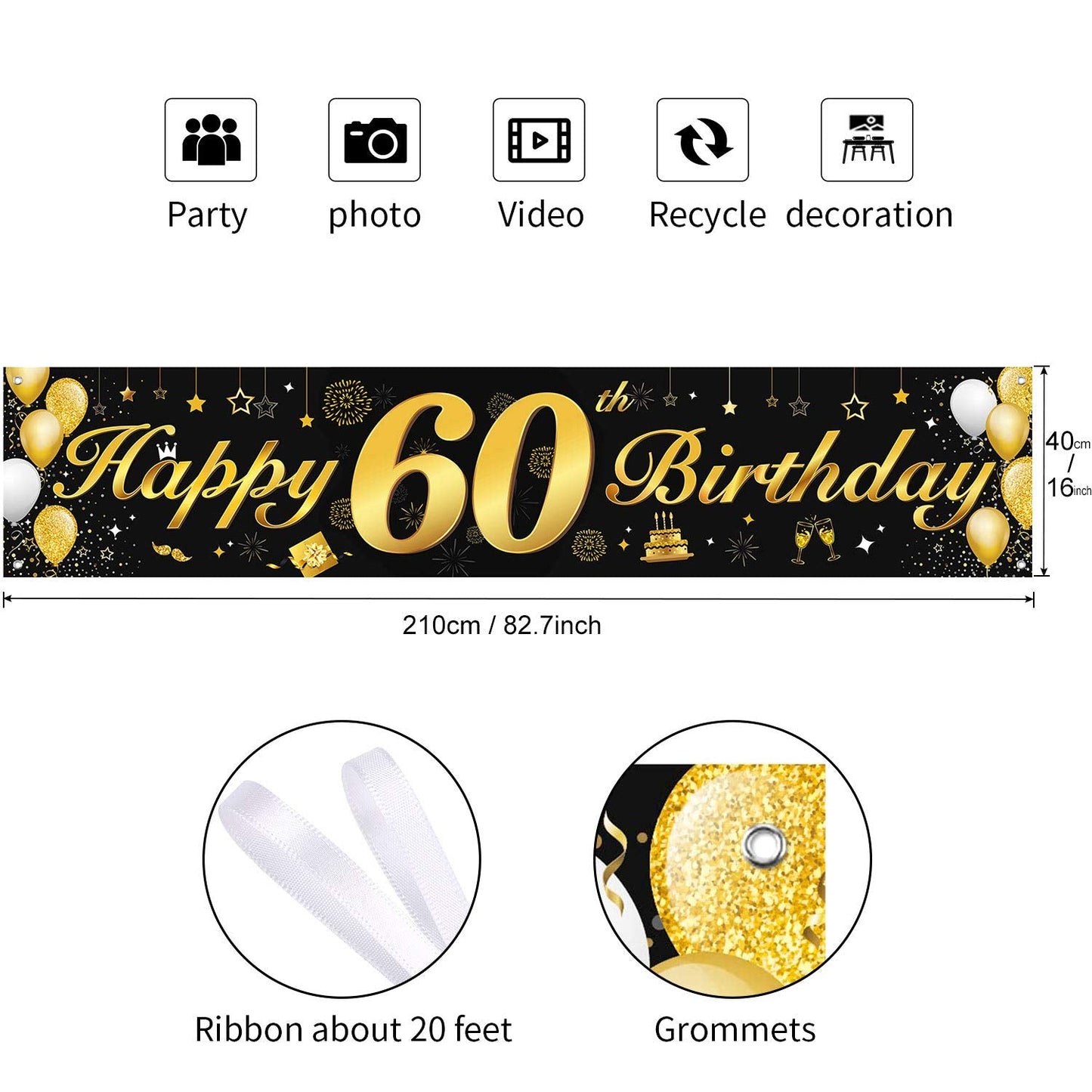 60th Birthday Party Decorations Banner for Men and Women,Essential Decoration for 60th Birthday Party,Long Size Black and Gold 60th Birthday Banner 210×40 cm(82.7×15.7inch)