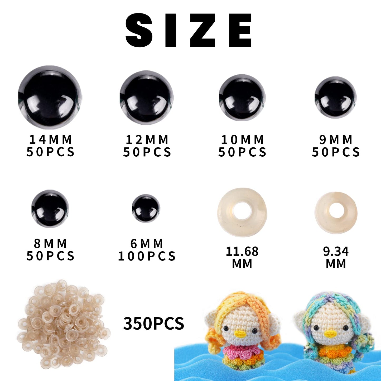 700 Pcs Safety Eyes for Amigurumi Crochet Toys 6-14mm Black Plastic Craft Safety Eyes with Washers Doll Eyes for Stuffed Animals DIY Making Soft Toy Crafts Decorations