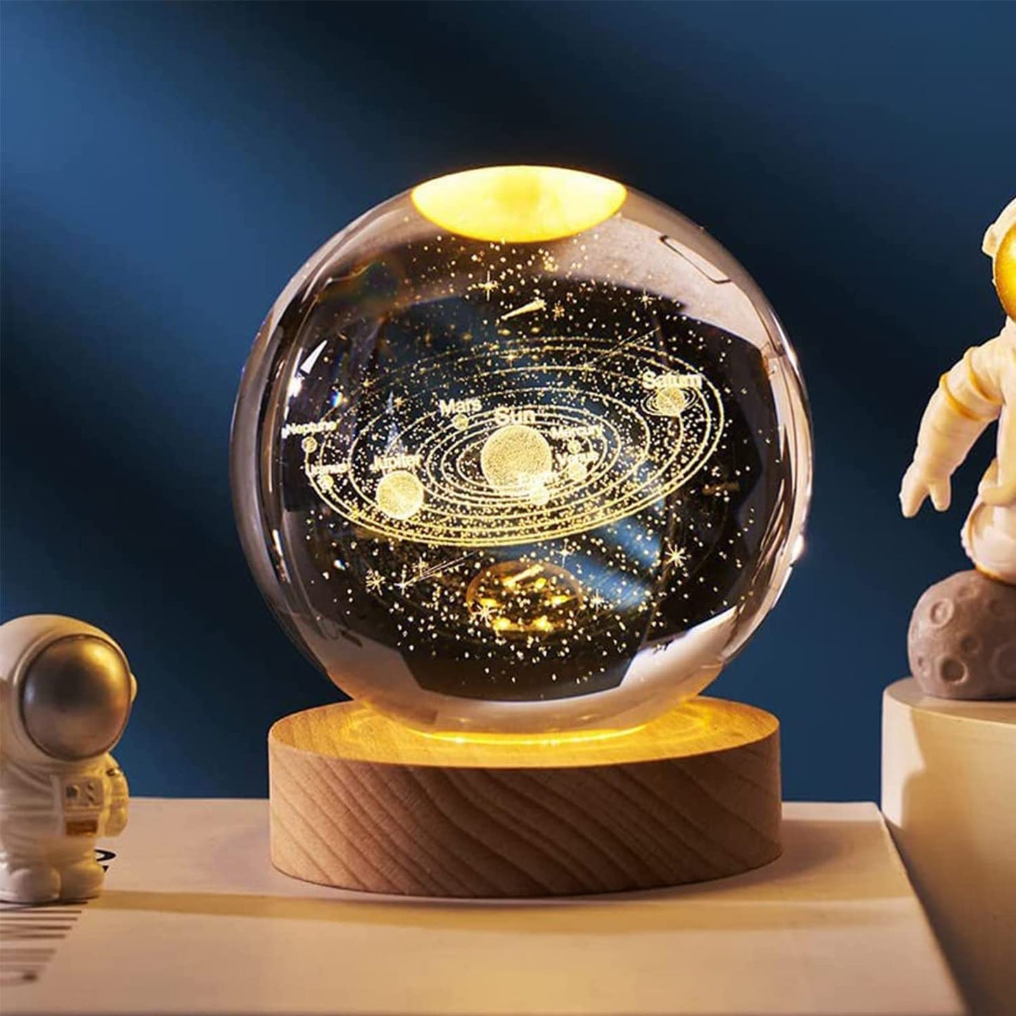 3D Planet Crystal Ball Night Light for Christmas, Space Galaxy Crystal Ball with Wooden Base,3D Engraved Solar System Crystal Ball with LED Light Base for Kids,Gift for Family Lovers Thanksgiving