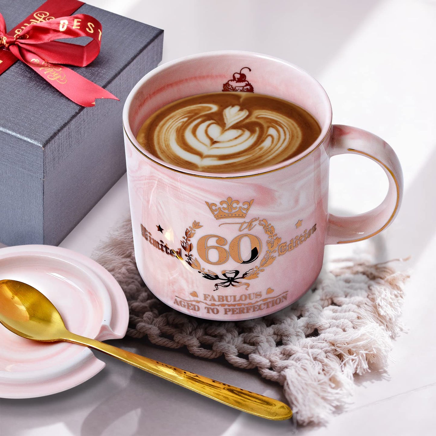 60th Birthday Gift for Women, Fabulous 1964 Aged to Perfection - 14oz Pink Coffee Mug Printed with Gold, Turning 60 Gifts for 60 Years Old Woman, Mum, Grandma, Friend, Her, Ceramic Marble Cup with Box Pink - 60th Birthday Gifts