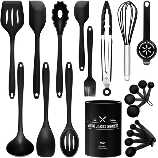 22pcs Silicone Kitchen Cooking Utensils Set, Non Stick Silicone Spatula Turner Tongs Cooking Tools, Heat-Resistant Premium Stainless Steel Core Kitchen Utensils with Holder (Black)