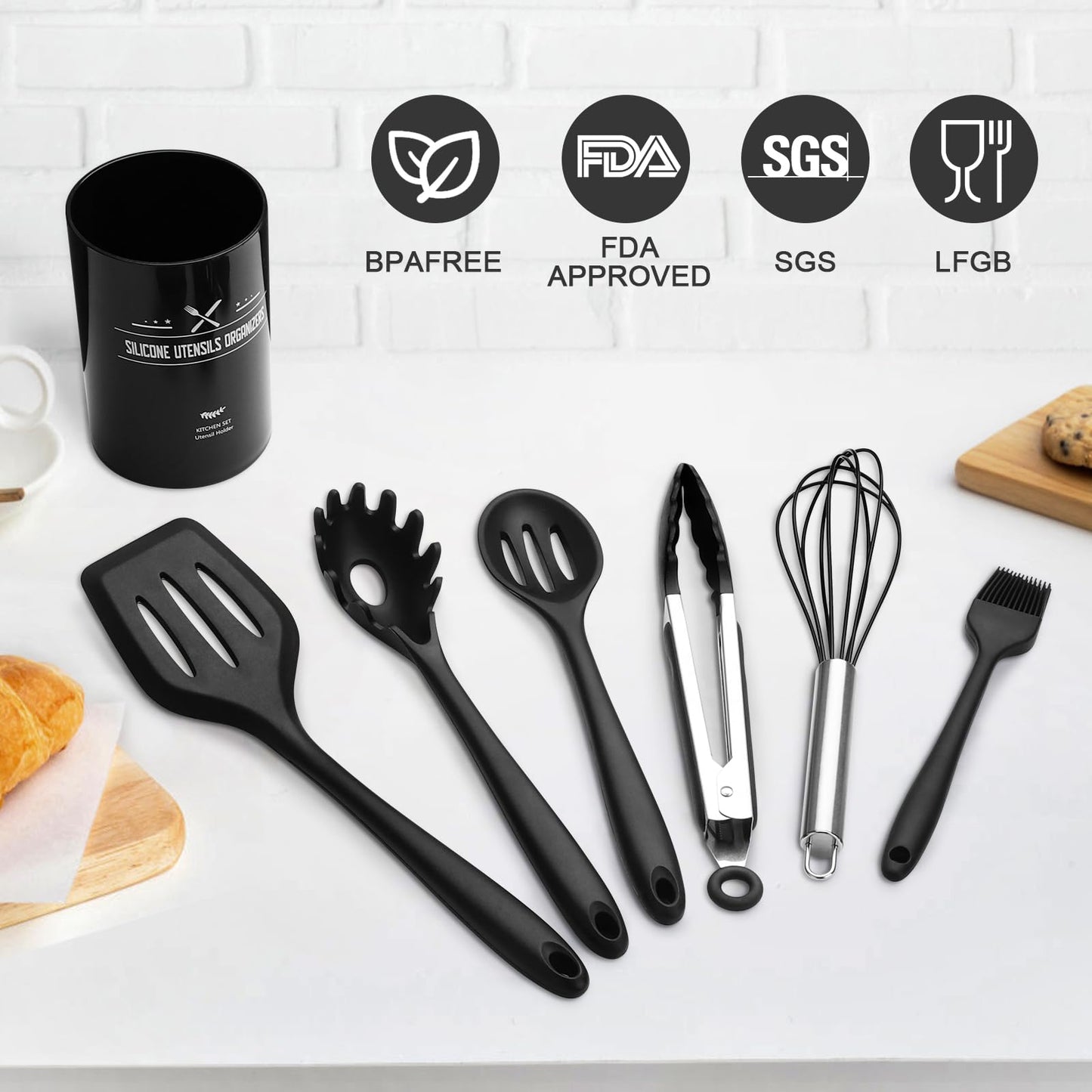 22pcs Silicone Kitchen Cooking Utensils Set, Non Stick Silicone Spatula Turner Tongs Cooking Tools, Heat-Resistant Premium Stainless Steel Core Kitchen Utensils with Holder (Black)