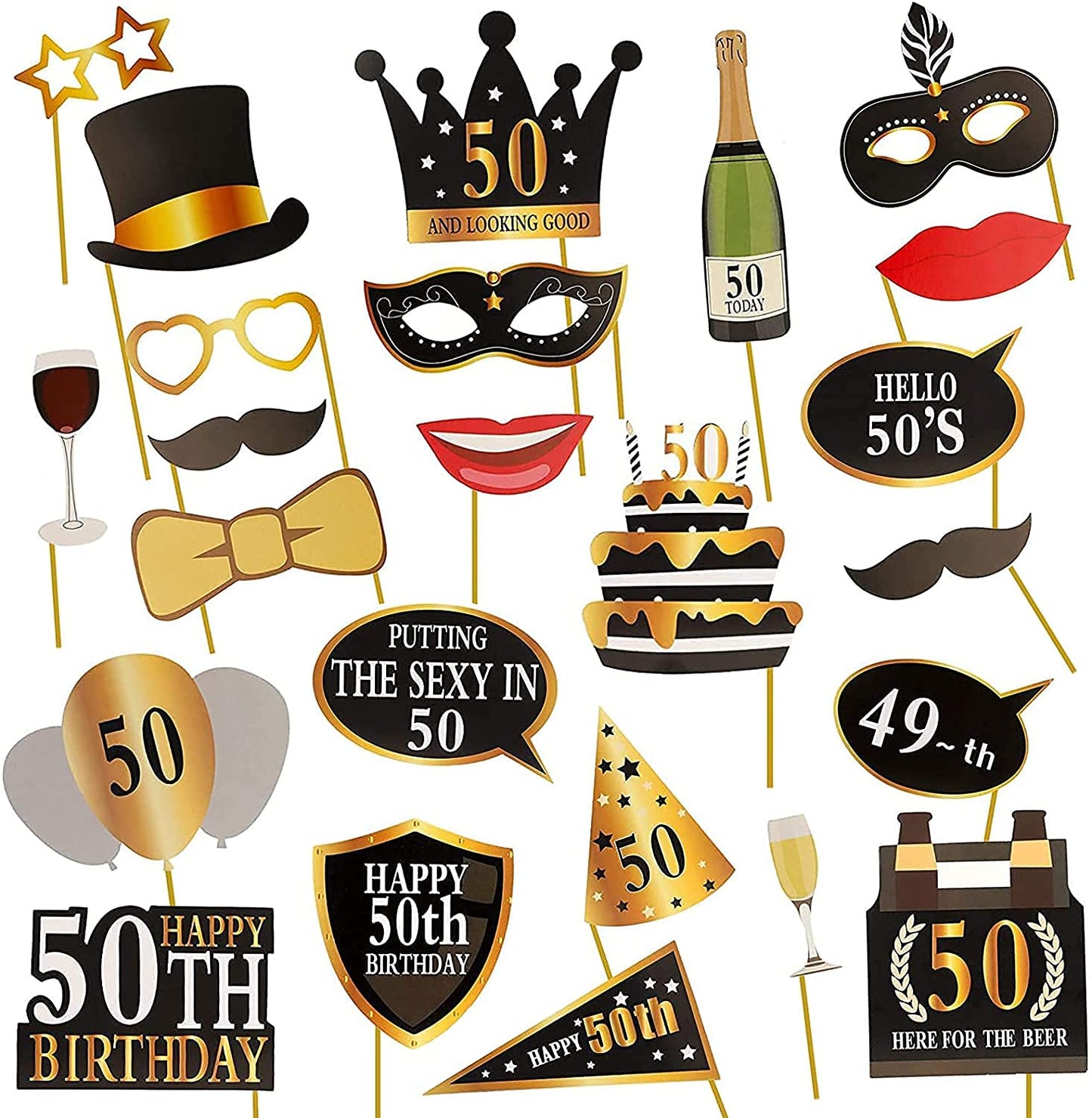 50th Birthday Photo Booth Frame, 50th Inflatable Selfie Frame and 24 Pcs 50th Birthday Photo Booth Props Black Gold Party Supplies Fun 50th Props for Ladies Men 50th Birthday Party Decorations