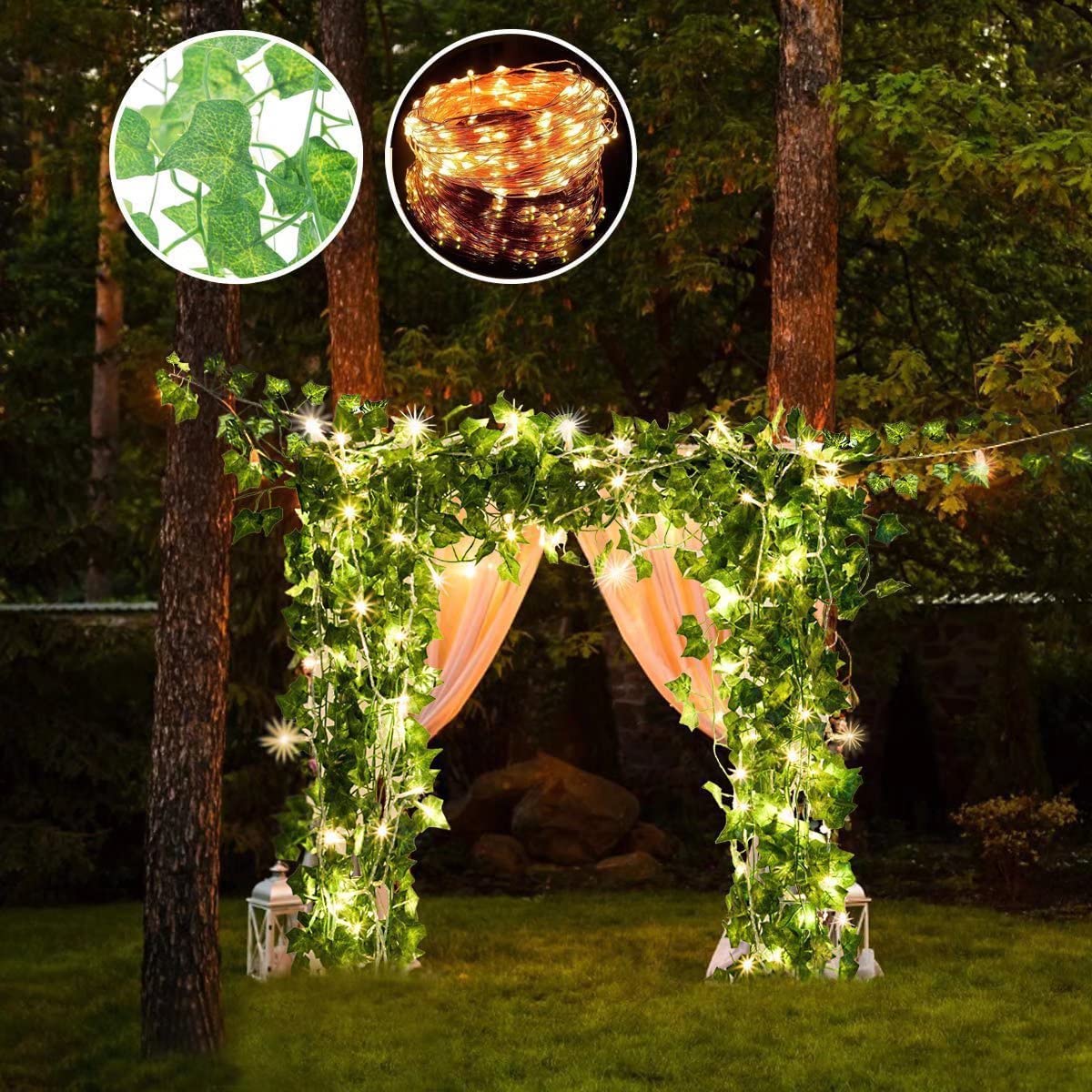 12 Pack 84Ft Artificial Ivy Leaf Garland with 100 LED Fairy String Lights,Fake Green Leaves Hanging Vine Faux Flowers Decoration for Indoor,Outdoor,Kitchen,Garden,Office,Wedding,Wall