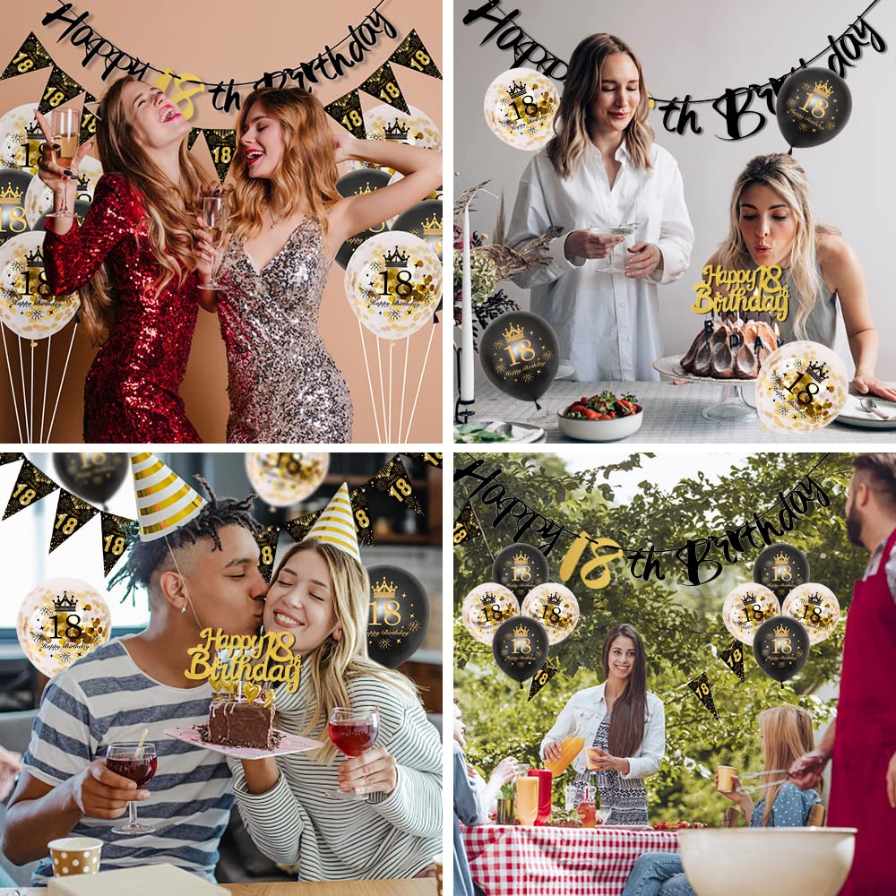 18th Birthday Decoration, 18 Party Decoration Black Gold Balloons Birthday, 18th Birthday Women Men 18th Happy Birthday Banner Triangle 18 Balloon Decoration for Woman Birthday Party Cake Topper