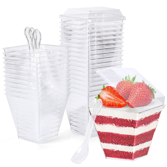 30 Pcs Dessert Cups with Lids and Spoons, 240ml/8.4oz Square Dessert Cups Set, Reusable Plastic Dessert Pots for Dessert Pudding Mousse Ice Cream Cheesecake