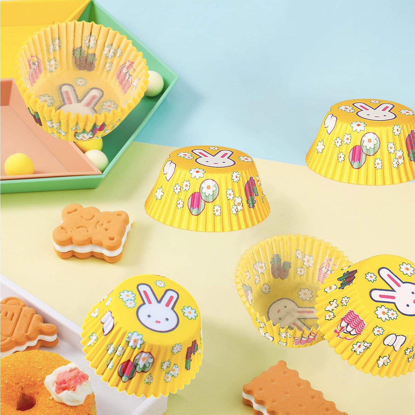 100Pcs Easter Yellow Bunny Paper Cupcake Cases for Baking,Rabbit Muffin Cup Cake Paper Liners Small Muffin Cupcake Wrapper Paper Cases for Easter Wedding Birthday Party Cake Decoration