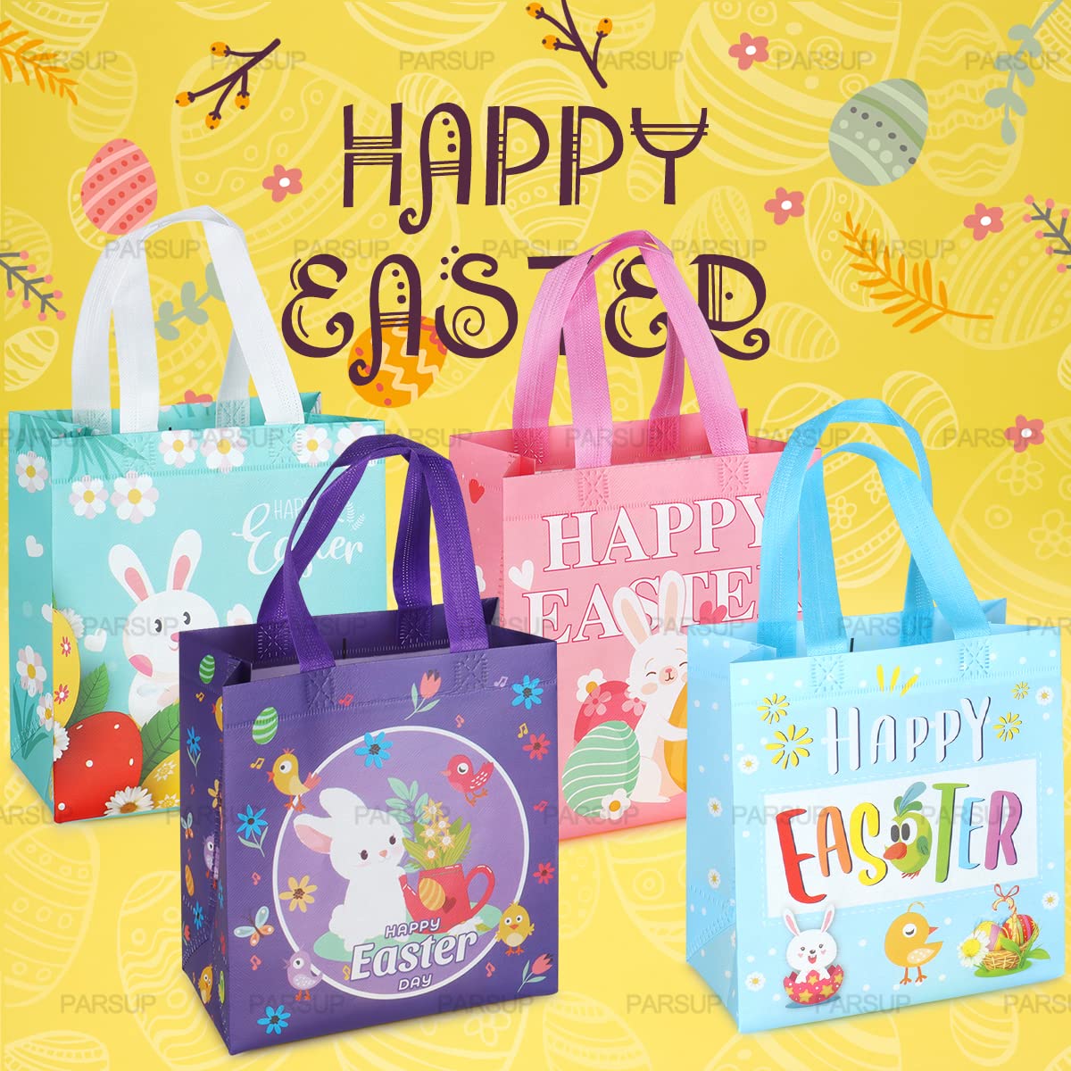 4PCS Happy Easter Egg Hunt Bags, Easter Bunny Carrot Chick Egg Bags with Handles, Easter Treat Bags, Non-Woven Bags for Gifts Wrapping, Egg Hunt, Easter Party Supplies, 23×22×11cm