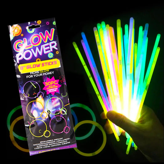 30 Piece Set of Glow Sticks - Assorted Brightly Coloured Party Sticks for Adults and Children, Neon UV Accessories, 20.3cm / 8", Glow in the Dark Lights, Party Games (30 Pieces, 8'' Glow Sticks) 30 Pieces, 8'' Glow Sticks