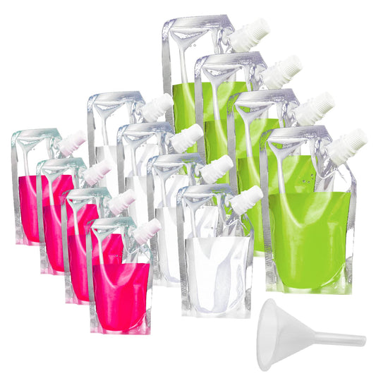 12 Pack Drink Pouches for Festivals Reusable Drinks Flasks Leak Proof Alcohol Liquor Juice Plastic Pouches Bags for Picnic Camping Party Beverage Drinks, with Spouts and Funnel, 300ml, 420ml, 500ml