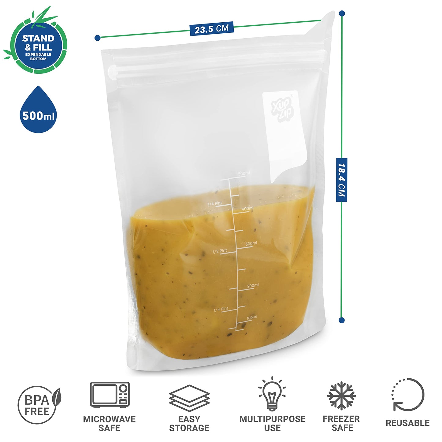 20 x XupZip 500ml Soup Bags - Clear Soup Bag 20 x 17.4cm - Heavy-Duty Freezer Bags - Airtight Double Seal, Easy Pouring Tab - Standing Food Storage Bags - Reusable Freezer Bags for Soup Storage 500ml - 20 Bags