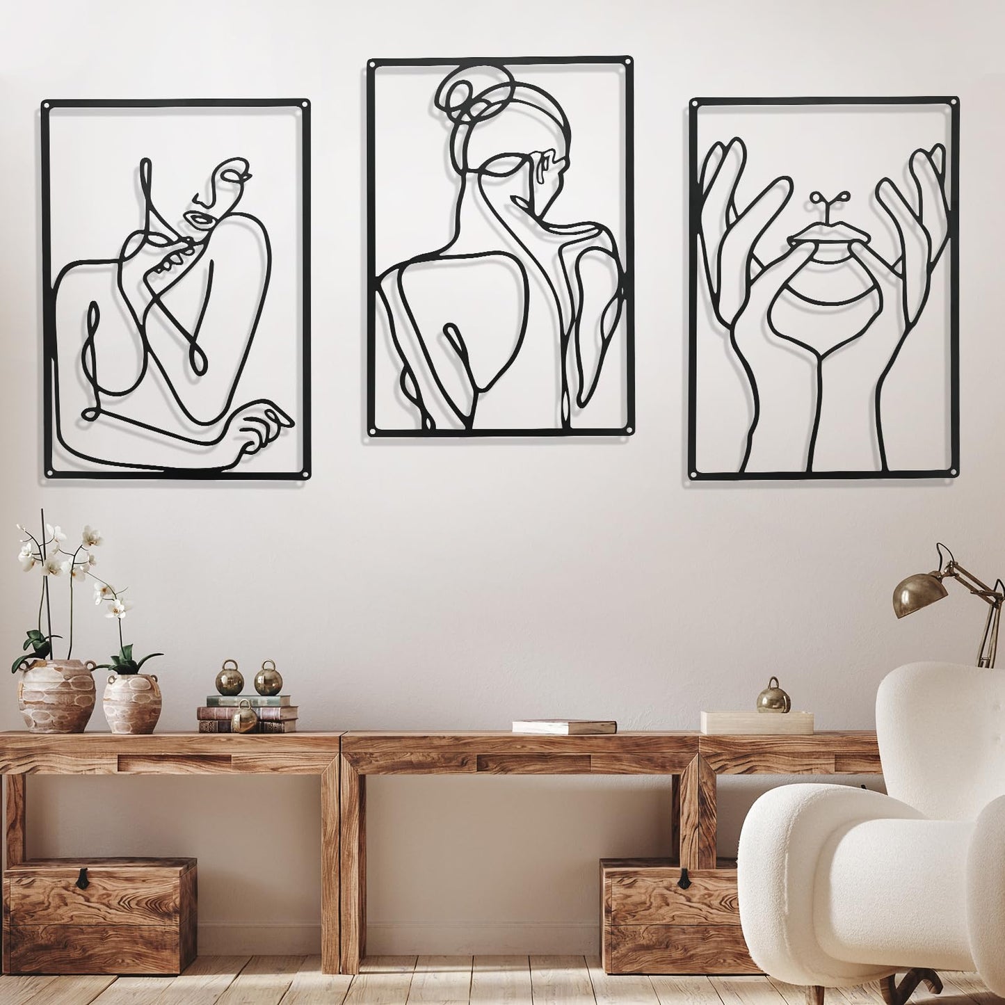 3 Pieces 35*25cm Metal Wall Decor, Modern Minimalist Wall Decor, Abstract Woman Wall Art, Black Line Wall Sculpture, Female Silhouette Wall Hanging Decorations for Bedroom Kitchen Bathroom Living Room Stylish