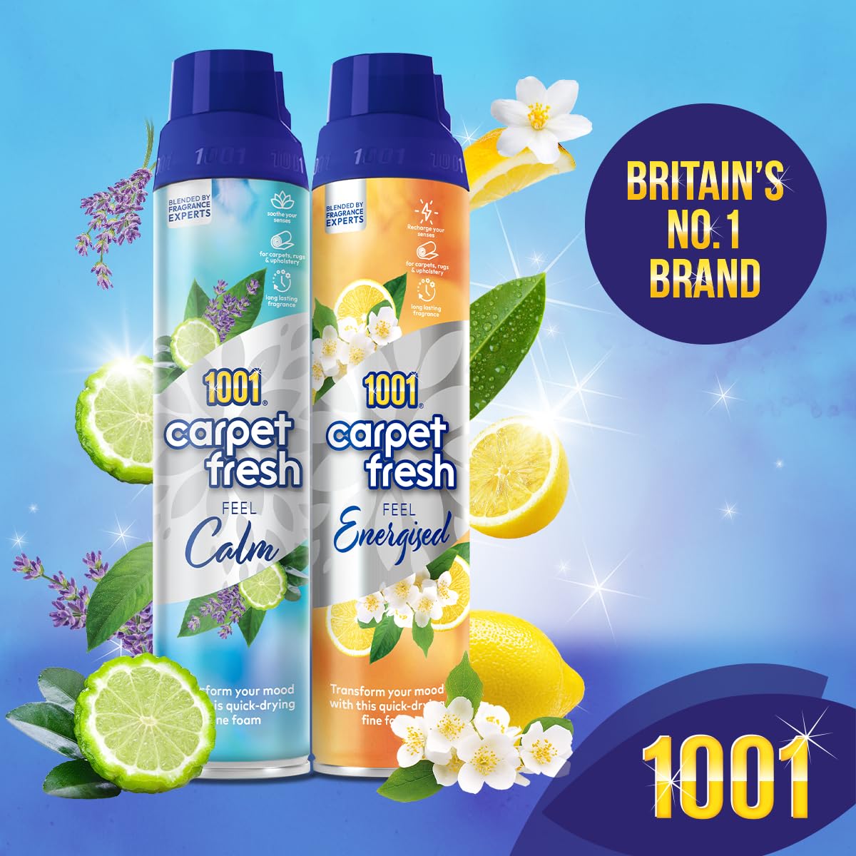 1001 Carpet Fresh Feel Energized 300ml Can - Invigorating Lemon Scent for Long-Lasting Freshness and Stress-Reducing Odor Elimination, Quick Drying, No Need to Hoover NEW MOOD ENERGISED 300 ml (Pack of 1)