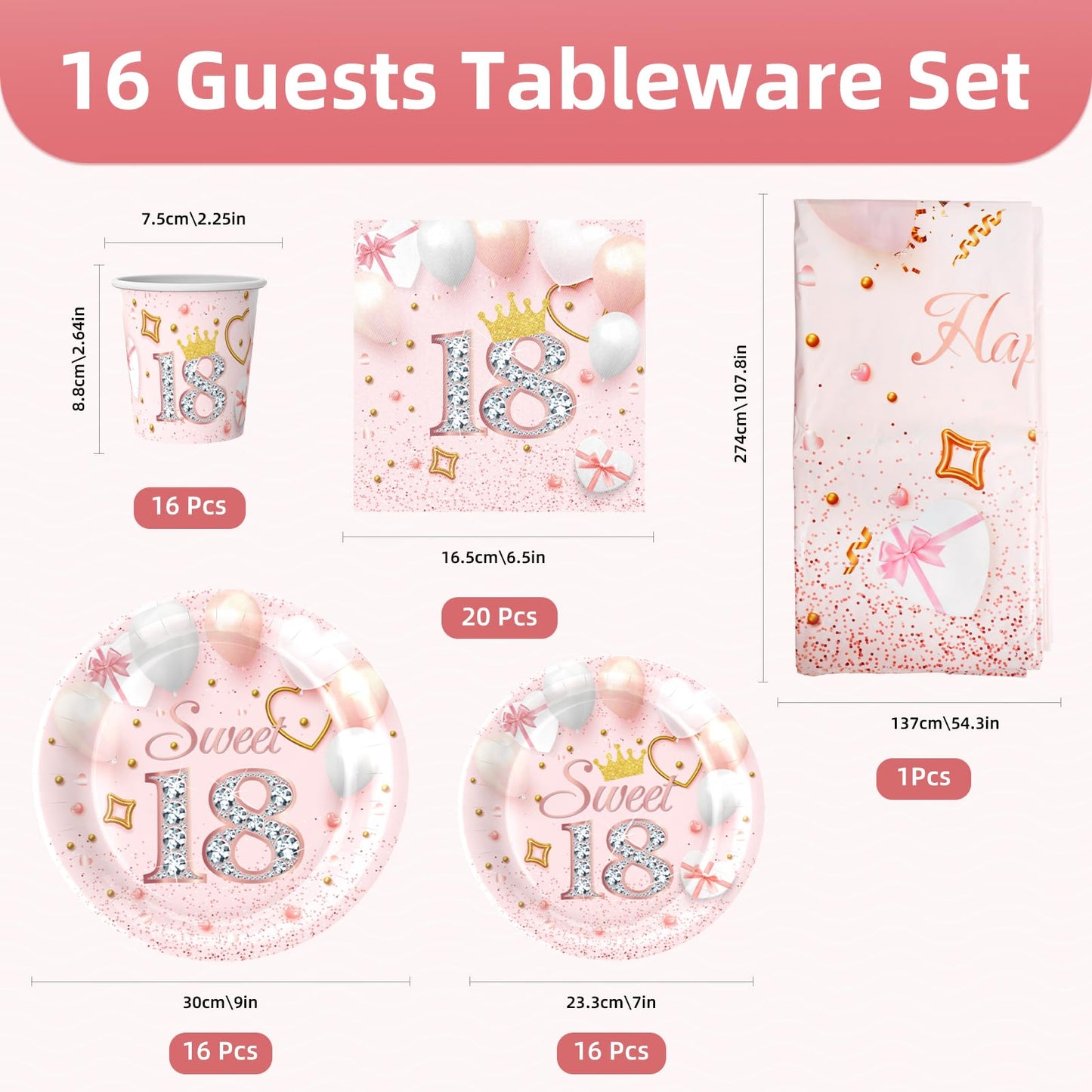 69pcs Pink Happy 13th Birthday Party Tableware Decorations for Girls Birthday, Disposable Party Tableware Set Pink 13th Tablecloth Table Covers,7inch Paper Plates,Paper Napkins,Cups for Girls Birthday 13