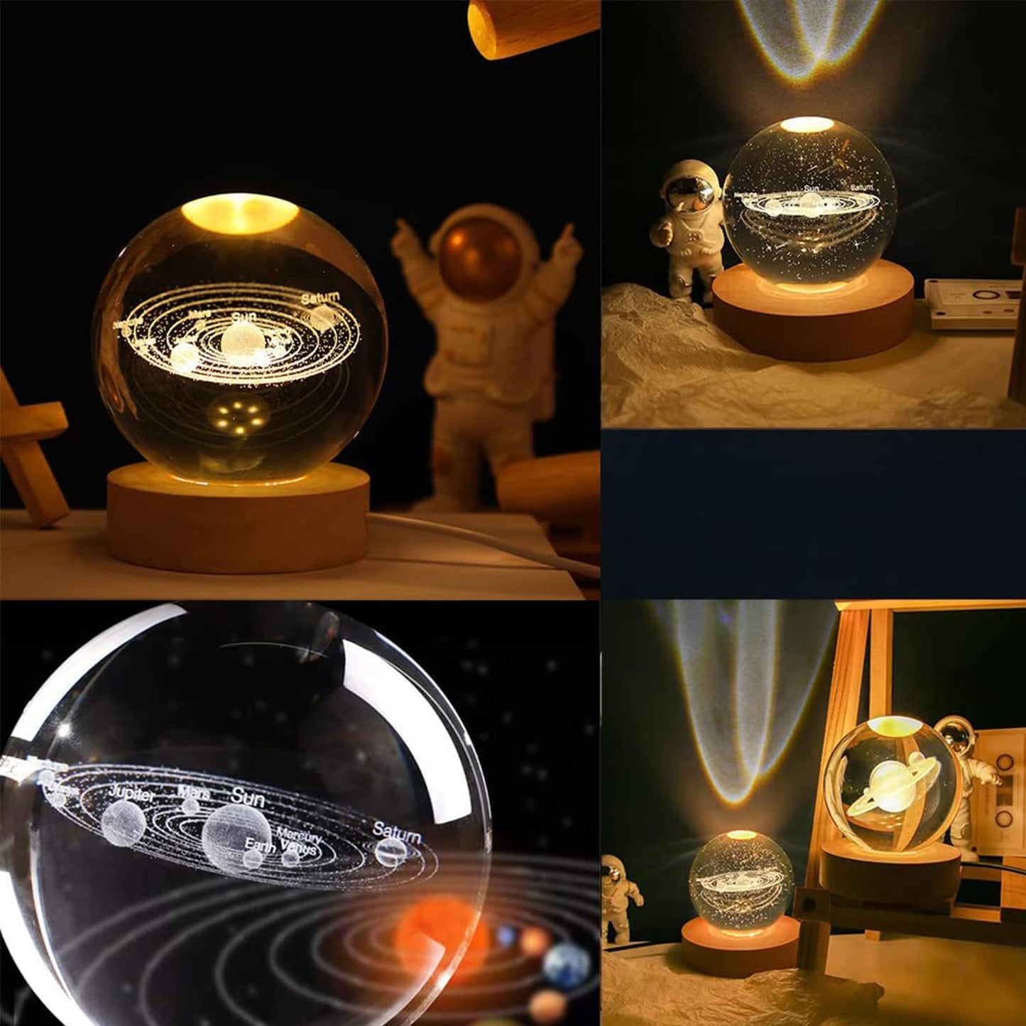 3D Planet Crystal Ball Night Light for Christmas, Space Galaxy Crystal Ball with Wooden Base,3D Engraved Solar System Crystal Ball with LED Light Base for Kids,Gift for Family Lovers Thanksgiving