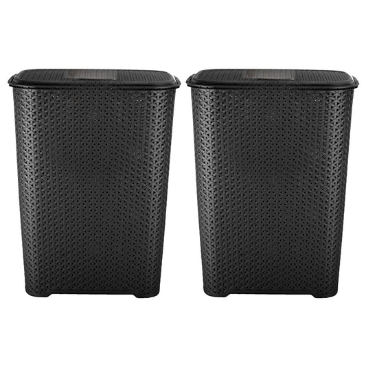 (Set of 2) 65L Litre Laundry Basket with Flip Lid Knit Design Plastic Hamper Washing Baskets Freestanding Sturdy Tall Laundry Sorter Bin Storage Basket Linen Clothes Laundry Hamper Box (Black) Black