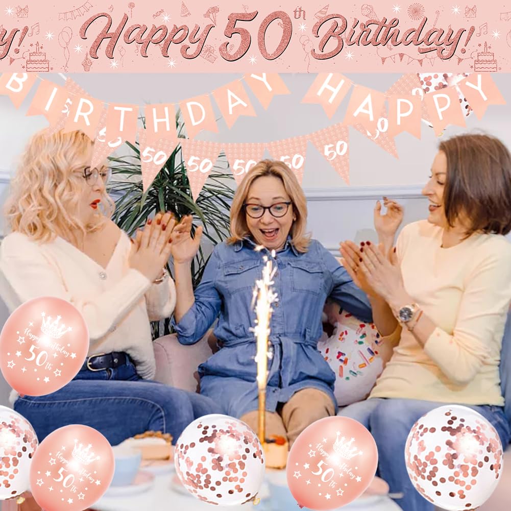 50th Birthday Decorations for Women-Rose Gold 50th Birthday Banners for Her,50th Party Decor Happy 50th Birthday Banner Bunting Foil Hanging Swirls Triangle Flags Confetti Latex Balloons Pink 50th Birthday Set