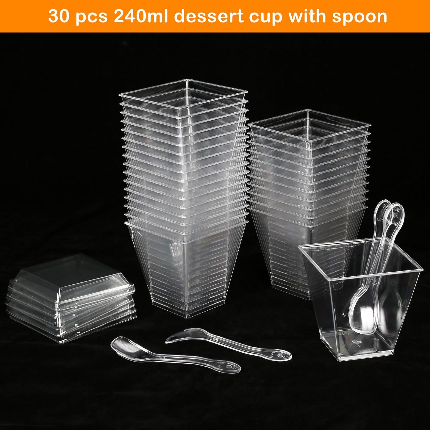 30 Pcs Dessert Cups with Lids and Spoons, 240ml/8.4oz Square Dessert Cups Set, Reusable Plastic Dessert Pots for Dessert Pudding Mousse Ice Cream Cheesecake