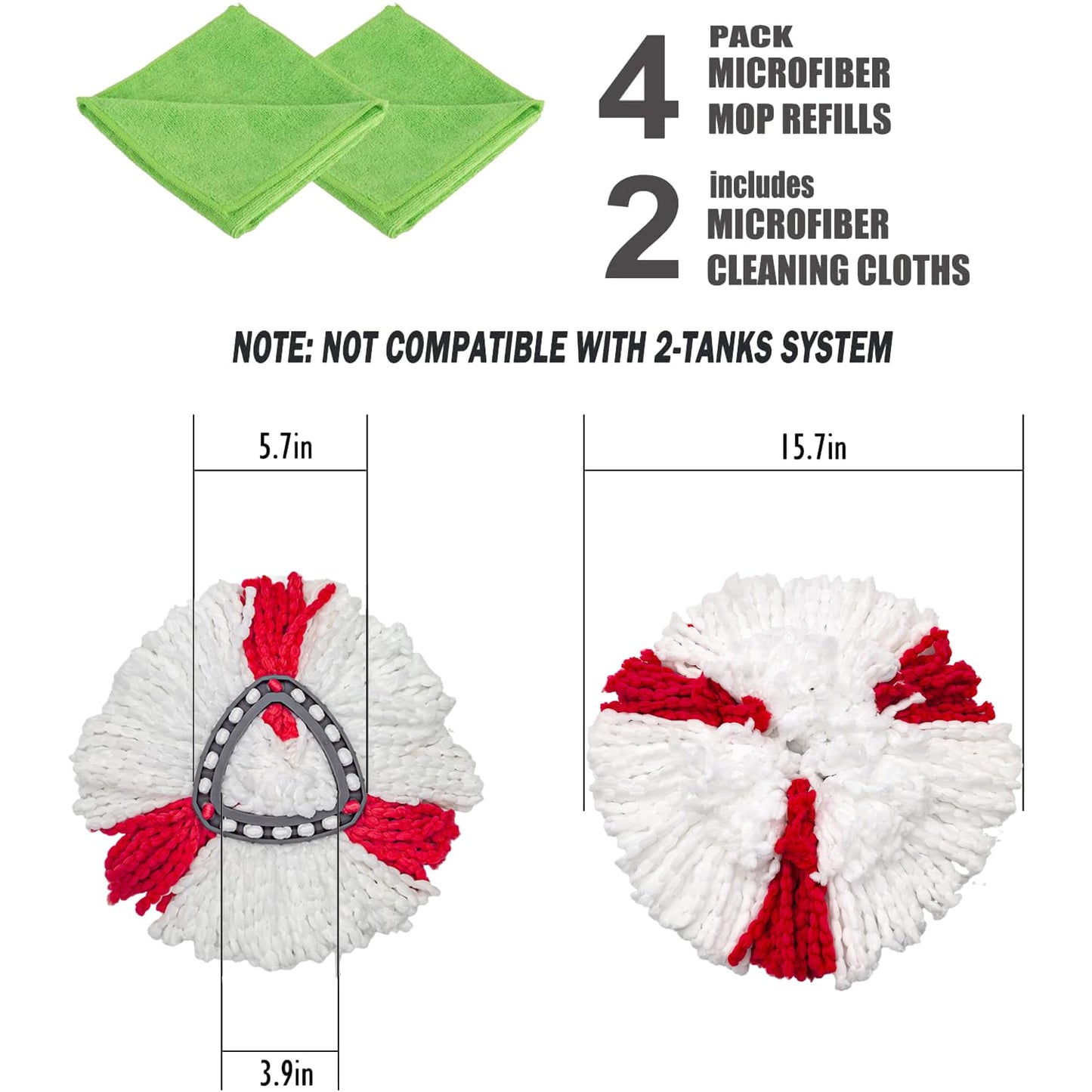 4 Pack Spin Mop Replacement Heads Microfiber Mop Refills Replace Heads Compatible for Vileda Triangle Swivel Mops Includes 2 Extra Microfiber Cleaning Cloths Mop Replacement Heads + Replacement Base