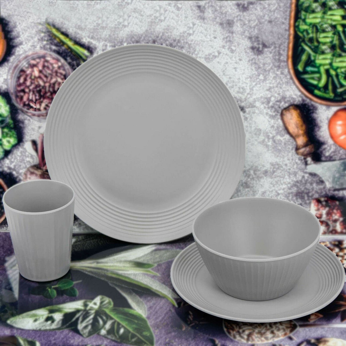 24pcs Grey Picnic Set Dinner Plate Tableware Outdoor Party Beach Camping Travel BBQ Set Lightweight Serving Bowls Cups Plates Dinnerware Set for 6 People