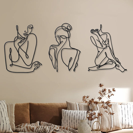 3 Pcs Metal Wall Art Decor Minimalist Abstract Woman Wall Art metal Modern Line Drawing Wall Art Decor Female Single Line Wall Home Hanging for Bedroom Kitchen Bathroom Living Room(Black, Modern) Black