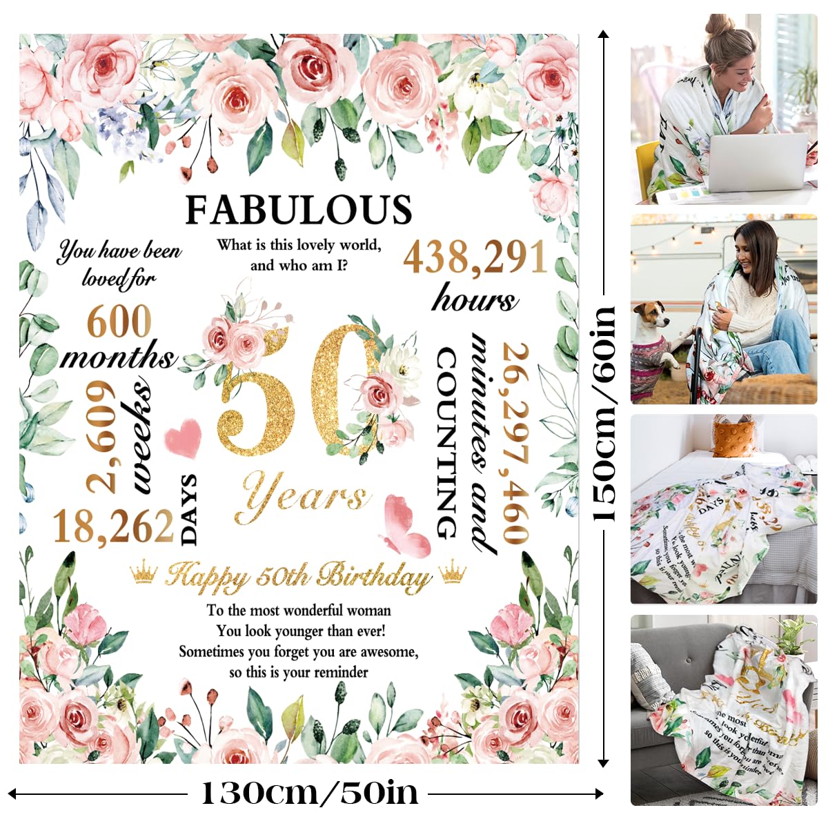 50th Birthday Gifts For Women, Throw Blanket For 50th Birthday, 50th Birthday Decorations, 50"x60" Soft Flannel Blanket, 50th Birthday Gift for Her, Wife, Sister, Friend 50*60'' 50th Gifts