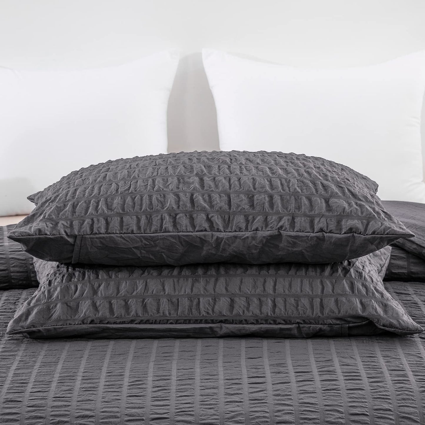 3 Pcs Dark Grey Seersucker Duvet Cover Sets with Pillow Case Seersucker Bedding Set with Zipper Closure Soft Microfibre Puckering Bedding Set King Size 220 x 230 cm King Size 220x230cm Dark Gray