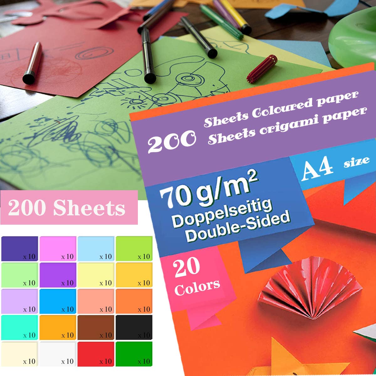 200 Sheets Coloured Paper, A4 Origami Paper Double Sided for Children's Art & Craft Activities(70gsm) , 20 Colors Craft Paper Copy Papers , 297MM X 210MM